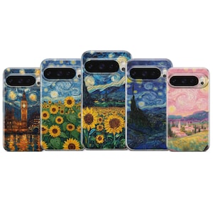 May include: Five phone cases with artistic designs. The cases feature famous paintings, including sunflowers, starry nights, and a cityscape with a clock tower. The cases are clear with the artwork visible.