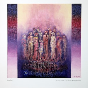 May include: An abstract painting featuring a group of figures in various shades of red, purple, and beige. The artwork has a textured appearance and is set against a gradient background. The painting is signed and dated.