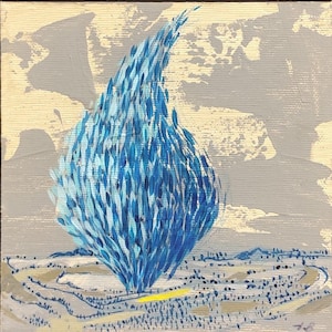 Puede incluir: Pintura abstracta que presenta una gran forma de llama azul estilizada sobre un fondo gris y beige. La llama está compuesta por numerosas pinceladas azules. Una línea amarilla en la parte inferior sugiere una carretera.