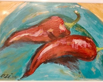 zlem Özdemir, 2024, 34 x 24 cm encadré, 21 x 15 cm huile sur toile, poivre de Charleston, original signé par l'artiste