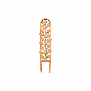 May include: A light brown wooden plant trellis featuring a vertical stem with symmetrical, oval-shaped leaves branching out on both sides. The structure has a rounded top arch and two pointed stakes at the bottom for insertion into soil.