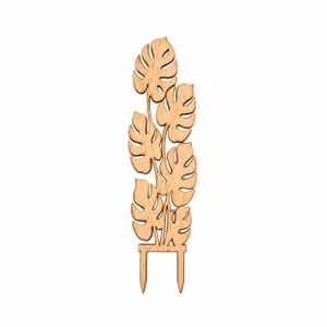 May include: A light brown wooden plant trellis featuring a vertical arrangement of five laser-cut monstera leaves. The structure includes two pointed stakes at the base for insertion into soil, showcasing a natural wood grain texture throughout.