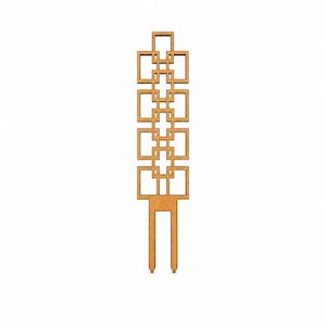 May include: A light brown wooden plant trellis featuring a vertical, repeating geometric pattern of interconnected squares and rectangles, ending in two pointed stakes at the bottom for insertion into soil or a container.
