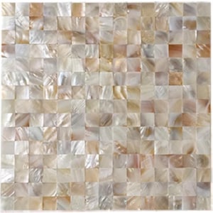 May include: Square mosaic tile pattern in shades of white, beige, and brown. The tiles have a pearlescent, iridescent finish, creating a shimmering effect. The tiles are arranged in a grid-like pattern, suitable for interior design.