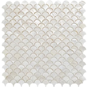 May include: White mosaic tile with a fish scale pattern. The tiles are arranged in a repeating, overlapping design, creating a textured surface. The color is a pearlescent white with subtle variations, and the grout lines are a light beige.