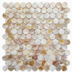 May include: A mosaic tile sheet composed of numerous small, round, iridescent shell pieces. The tiles vary in color, displaying shades of white, beige, and brown. The overall pattern is uniform, creating a textured surface suitable for various design applications.
