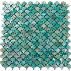 Aqua Green Mermaid Scale Shell Mosaic Tile | Teal Fish Scale Mother of Pearl Backsplash | Luxury Shower Wall | Modern Organic Kitchen Tile