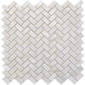 Peut inclure: Une feuille de carrelage en mosaïque avec un motif en chevrons. Les carreaux sont rectangulaires et ont une finition blanche nacrée. Le motif est composé de nombreux petits carreaux individuels, créant une surface texturée. Idéal pour les crédences de cuisine ou les murs de salle de bain.