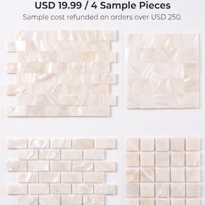 May include: Four samples of iridescent, off-white mosaic tiles arranged in different patterns. The tiles have a pearlescent sheen and are arranged in brick, grid, and rectangular layouts. The samples are displayed on a white background.