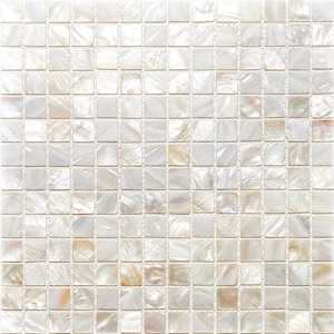 May include: A mosaic tile sheet featuring a grid of small, square tiles. The tiles are primarily off-white with a pearlescent finish, reflecting light and creating a shimmering effect. Subtle variations in colour, from white to beige, are visible across the surface.