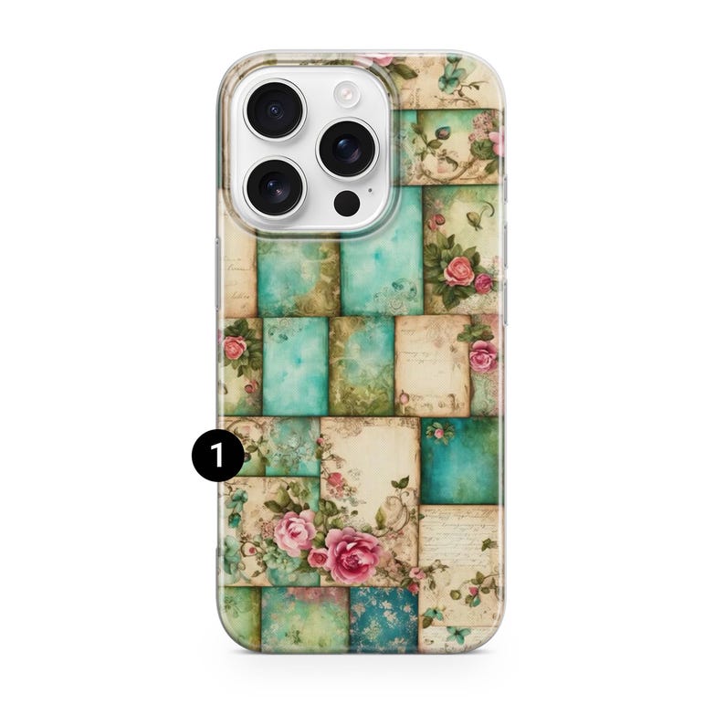 May include: A floral phone case with a patchwork design in teal, cream, and green squares. The case is decorated with pink roses and vintage botanical illustrations. The phone case has a clear border.