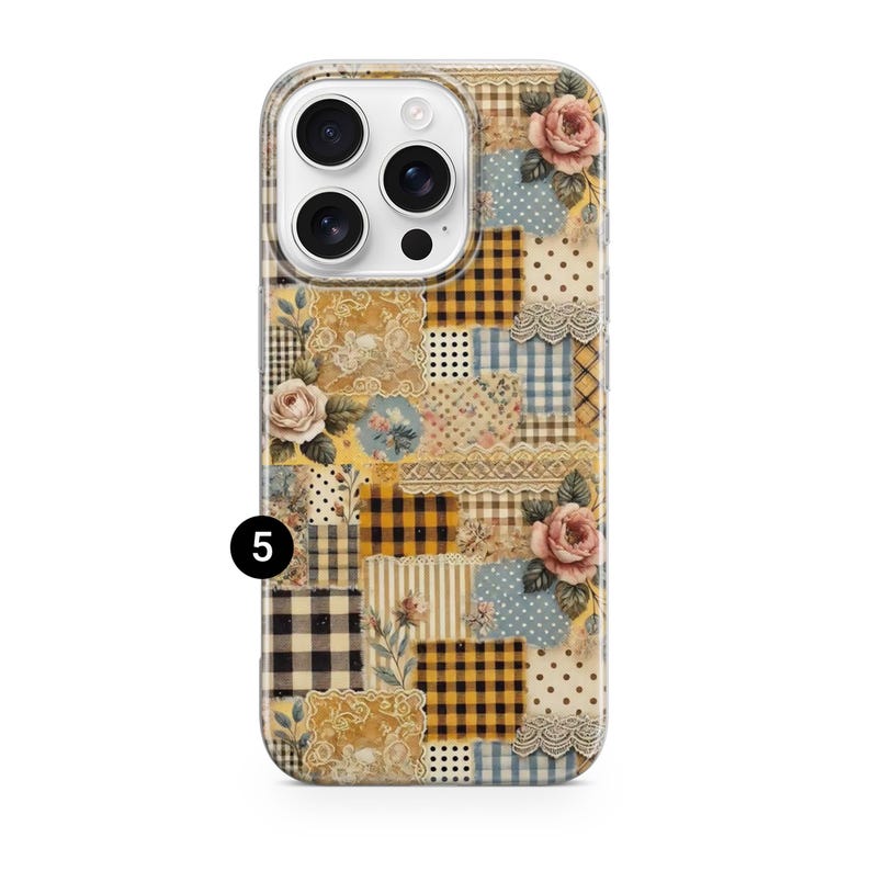 May include: A phone case with a patchwork design featuring floral patterns, gingham, polka dots, and lace accents in shades of yellow, beige, and blue. The case has a clear border and a camera cutout.