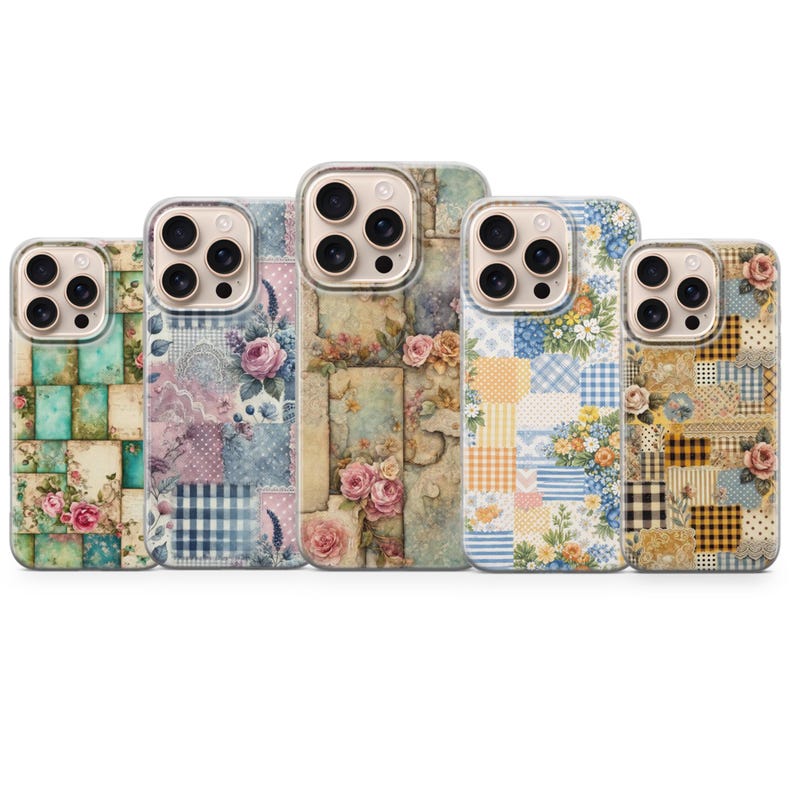 May include: Five phone cases with floral and patchwork designs. The cases feature a variety of patterns, including roses, gingham, and patchwork. The color palette includes pastel shades of blue, pink, and yellow.