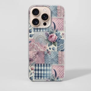 May include: A phone case with a patchwork design featuring floral and lace patterns in shades of pink and blue. The case has a clear border and a camera cutout. The design includes a pink rose and blue gingham.