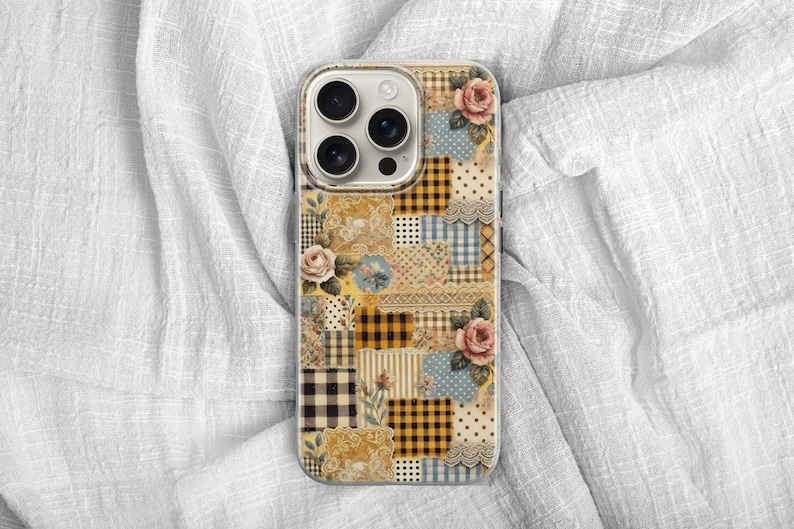 May include: A clear phone case with a patchwork design. The design features floral patterns, gingham, polka dots, and lace in shades of beige, yellow, blue, and pink. The case has a clear border and a camera cutout.