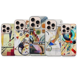 May include: Five smartphone cases arranged in a row, each featuring a distinct abstract geometric print with various shapes, lines, and vibrant colours including red, blue, yellow, and black, all showcasing a triple-lens camera cutout design.