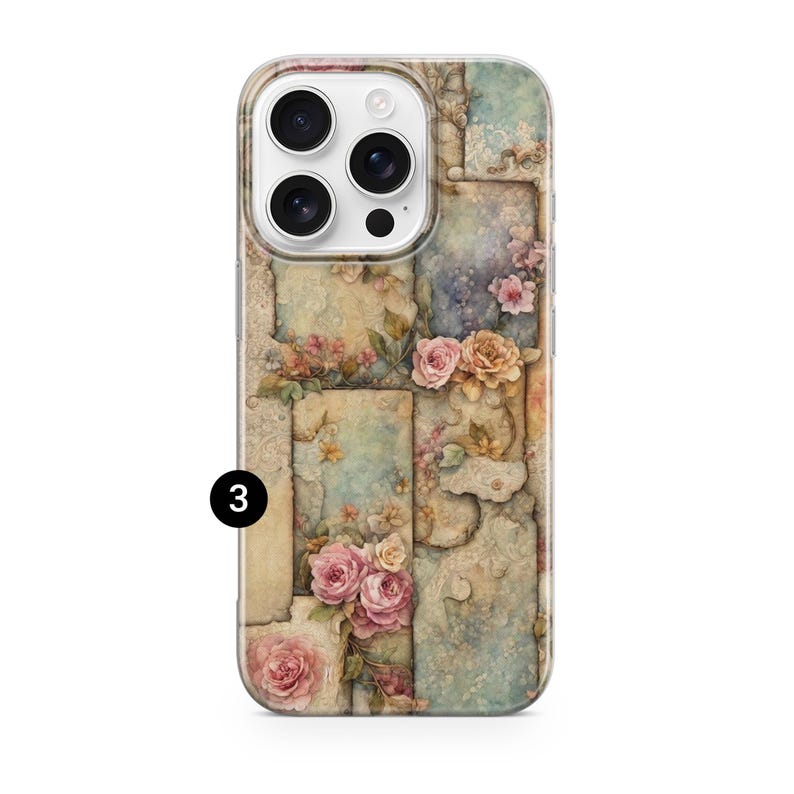 May include: A phone case with a floral design, showcasing a collage of vintage paper and roses in pink, peach, and cream hues. The case has a clear border and a camera cutout. The number "3" is visible on the side.