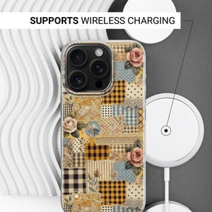 May include: A clear phone case with a patchwork design featuring floral, gingham, and polka dot patterns in yellow, beige, and blue. The case has a vintage aesthetic and the text "SUPPORTS WIRELESS CHARGING".
