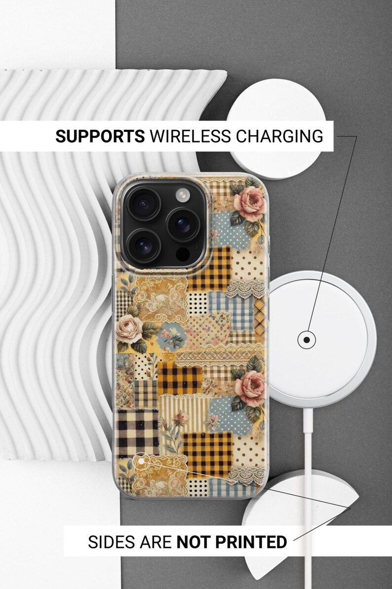 May include: A clear phone case with a patchwork design featuring floral, gingham, and polka dot patterns in yellow, beige, and blue. The case has a vintage aesthetic and the text "SUPPORTS WIRELESS CHARGING".