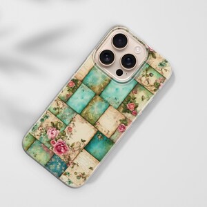 May include: A phone case with a patchwork design in teal, cream, and green squares. The squares are decorated with floral and botanical illustrations, including pink roses. The case has a clear border and a camera lens cutout.