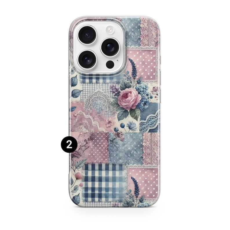 May include: A phone case with a patchwork design featuring floral and lace patterns in shades of pink, blue, and white. The case has a clear border and a camera cutout. The number "2" is printed on the bottom left.
