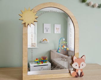 Personalisierter Fuchs Affirmations Spiegel, Montessori Holz Namensschild, unzerbrechliches Acryl Kinderzimmer Dekor