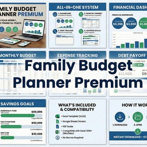 May include: A digital family budget planner with a premium design. The image showcases a laptop, tablet, and smartphone displaying financial dashboards and charts. The planner includes sections for monthly budgets, expense tracking, and savings goals. The text reads "Family Budget Planner Premium."