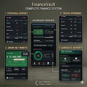 May include: A digital finance dashboard, displaying a complete finance system. The interface shows personal budget, spending tracking, net worth growth, and report generation. The app includes charts and data visualizations for financial management.