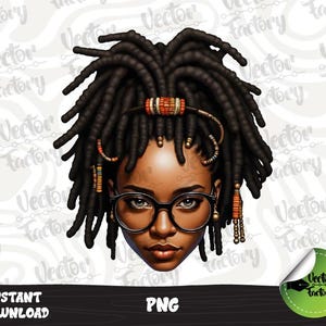 Op de afbeelding: Digitale illustratie van een vrouw met een donkere huid, met een ronde zwarte bril en dreadlocks. De afbeelding bevat de tekst "INSTANT DOWNLOAD" en "PNG". Het haar van de vrouw is versierd met decoratieve kralen.