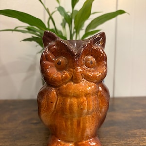 Vintage Mexican Pottery Owl Planter | Brown Drip Glaze Ceramic Owl Vase | Mid Century Owl Decor | Small Planter