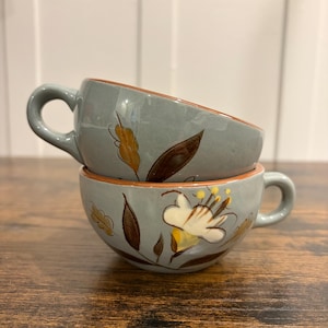Vintage Stangl Pottery Golden Harvest Tea Cups Set of 2 | Hand Painted Blue Gray Floral Coffee Cups