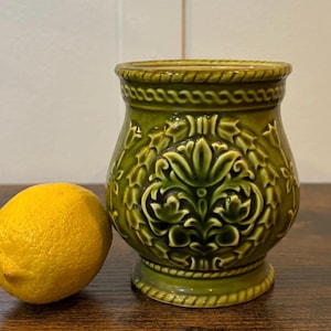Vintage Green Embossed Ceramic Vase Planter – Japan Import – Mid-Century Olive Green Floral Relief Pot
