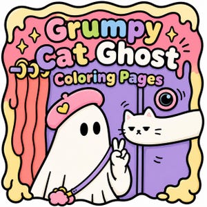 May include: A digital illustration titled Grumpy Cat Ghost Coloring Pages featuring a white ghost wearing a pink beret with a yellow heart, making a peace sign, and a long white cat peeking through a purple door with a pink circular peephole.