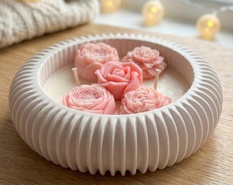 Candela di lusso a forma di fiore rosa / Peonia e rosa, in cera di soia, con doppio stoppino e ciotola a coste, ideale per l'arredamento di casa.