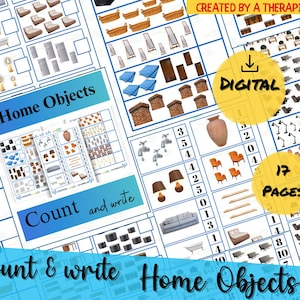 Puede incluir: Una hoja de trabajo digital titulada "Home Objects" con ilustraciones de muebles y artículos de decoración del hogar. La hoja de trabajo incluye el texto "Count and write" y "Created by a therapist". La imagen también incluye el texto "DIGITAL" y "17 PAGES".