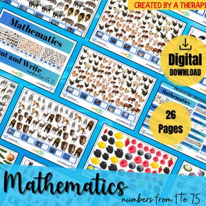 May include: A collection of educational mathematics worksheets with the title "Mathematics" and the text "Count and Write numbers from 1 to 75". The worksheets feature various images of animals, fruits, and vegetables. The image also includes the text "Digital Download" and "26 Pages".