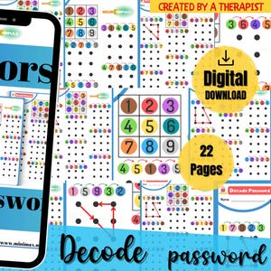 May include: A smartphone displays a digital download titled "Colors Password Code." The image features colorful number puzzles, a digital download icon, and the text "22 Pages." The design is created by a therapist.
