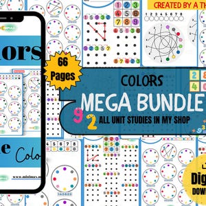 Könnte beinhalten: Ein digitales Download-Bundle mit dem Titel "COLORS MEGA BUNDLE" mit 66 Seiten mit Lernaktivitäten. Das Bild zeigt farbenfrohe Kreisdiagramme, Zahlenrätsel und den Text "CREATED BY A THERAPIST". Ein Telefon zeigt das Wort "Colors".
