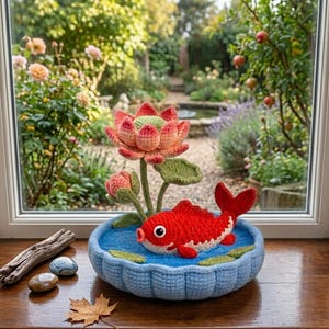 Puede incluir: Escena de ganchillo hecha a mano con un pez koi rojo y blanco en un estanque azul con una flor de loto. La escena est&aacute; ambientada en un cuenco azul tejido a ganchillo, con nen&uacute;fares verdes, sobre un alf&eacute;izar de madera.