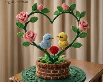 Love Birds Crochet Pattern PDF – Amigurumi Bird Couple in Heart Flower Pot, Cute Gift for Kids & Couples, Easy DIY, Digital Download