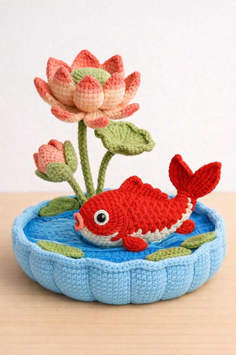 Puede incluir: Una pieza decorativa de ganchillo con un pez rojo en un estanque azul con una flor de loto. El pez tiene detalles blancos y un ojo grande. La flor de loto es rosa y verde. El estanque est&aacute; rodeado de nen&uacute;fares verdes.