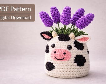 Cow Flower Pot Crochet Pattern PDF, Lavender Amigurumi Cow Planter, 30 cm Crochet Flower Pot Decor, Cute Cow Home Decor, Digital Download