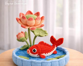 Koi Fish Lotus Flower Pot Crochet Pattern PDF, 30 cm Amigurumi Koi Fish Planter, Cute Crochet Flower Pot Home Decor, Gift for Her