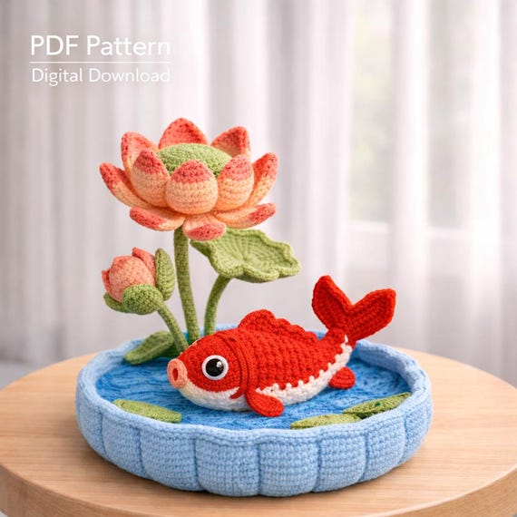Koi Fish Lotus Flower Pot Crochet Pattern PDF, 30 cm Amigurumi Koi Fish Planter, Cute Crochet Flower Pot Home Decor, Gift for Her