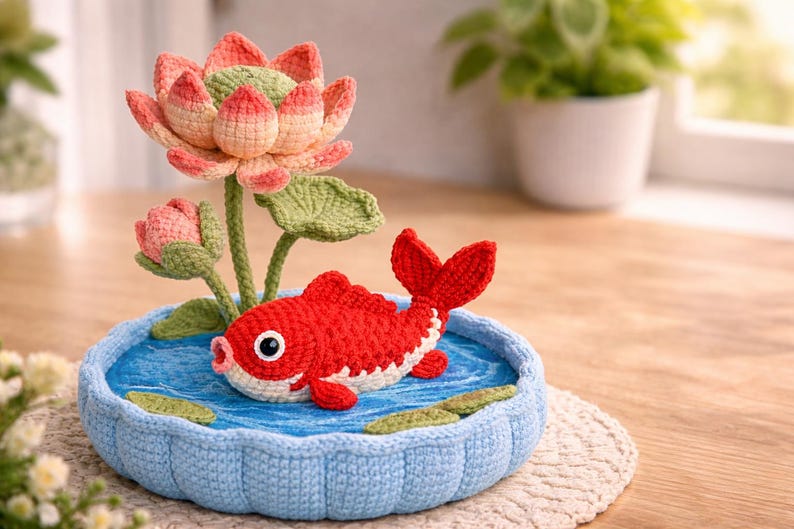 Puede incluir: Una pieza decorativa de ganchillo con un pez koi rojo en un estanque azul con una flor de loto. El pez tiene detalles blancos y ojos grandes. La flor de loto es rosa, verde y melocot&oacute;n. El estanque est&aacute; rodeado por un borde azul tejido.