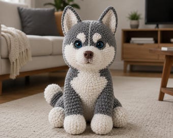 Patrón de ganchillo PDF de Husky Siberiano – Juguete de cachorro amigurumi suave hecho a mano para niños, fácil de hacer paso a paso, descarga digital instantánea.