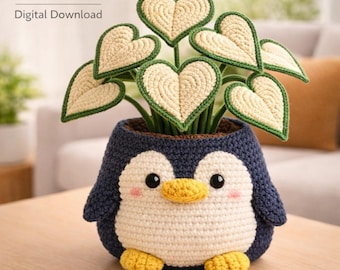Penguin Flower Pot Crochet Pattern PDF, 30 cm Amigurumi Penguin Planter, Heart Flower Crochet Decor, Gift for Her, Digital Download