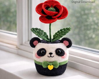Panda Rose Flower Pot Crochet Pattern PDF, 30 cm Amigurumi Panda Planter, Cute Panda Crochet Flower Pot, Gift for Her, Digital Download