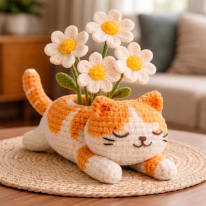 Puede incluir: Una maceta con forma de gato de ganchillo en naranja y blanco, con margaritas de ganchillo con centros amarillos. El gato está tumbado con los ojos cerrados y una cara sonriente. La maceta está sobre una estera tejida.