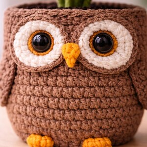 May include: A handmade crochet owl planter in shades of brown, cream, and orange. The owl has large, black eyes, cream-colored eye surrounds, and an orange beak and feet. The planter is designed to hold a small plant.